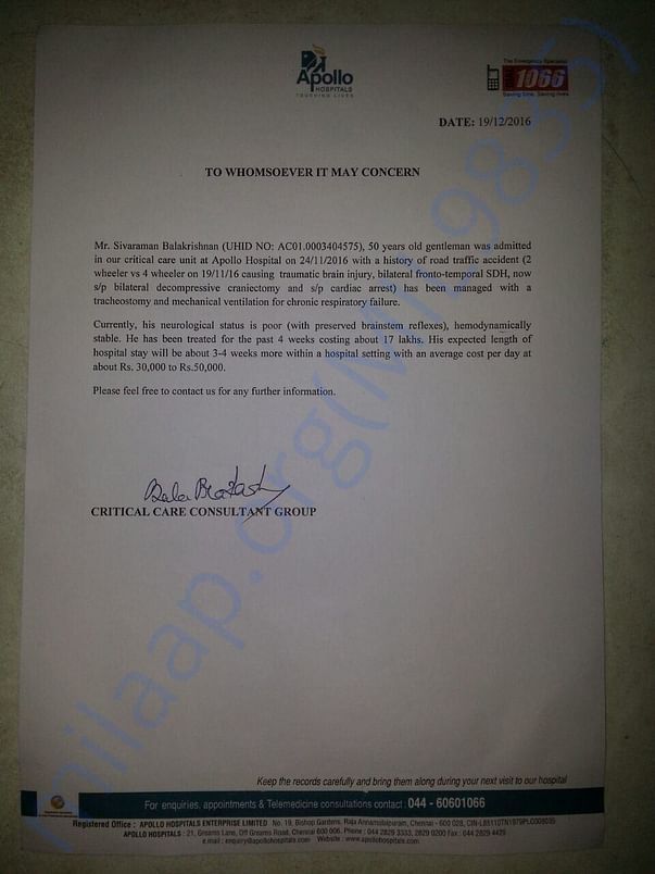 Letter from Apollo regarding hospital costs