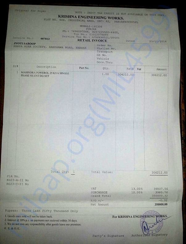 Receipt of the generator purchased