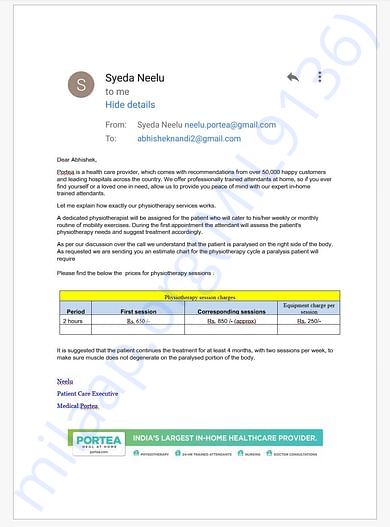 Portea estimate email copy - physiotherapy