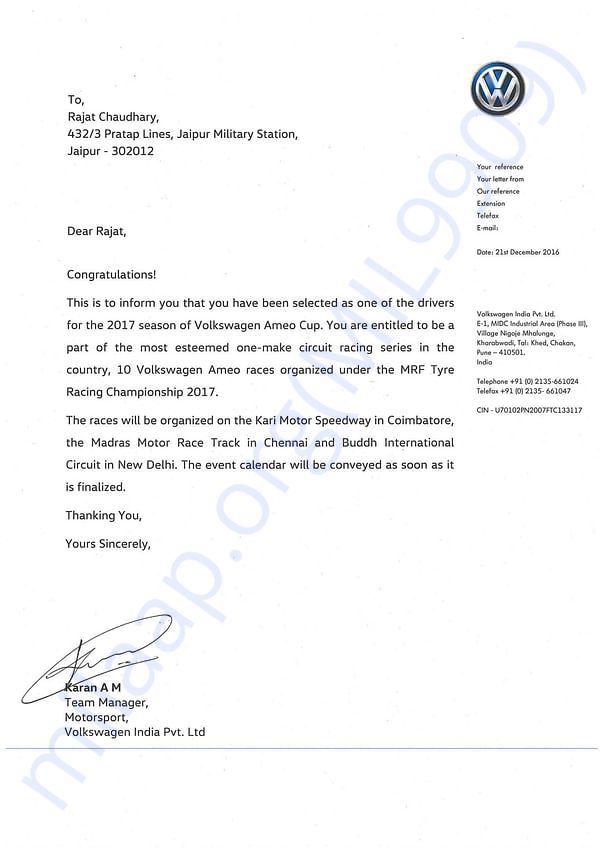 Official selection letter from Volkswagen Motorsports India