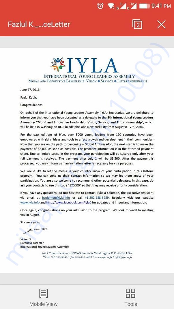 Acceptance letter of IYLA 2016