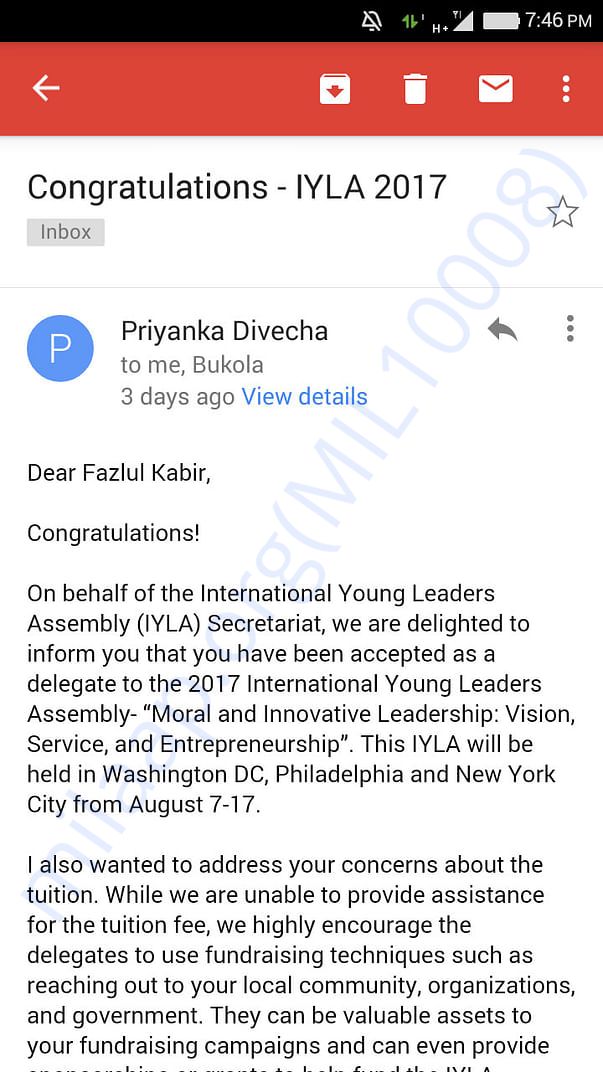 IYLA 2017 invitation as a delegate from India Email screenshot - 1
