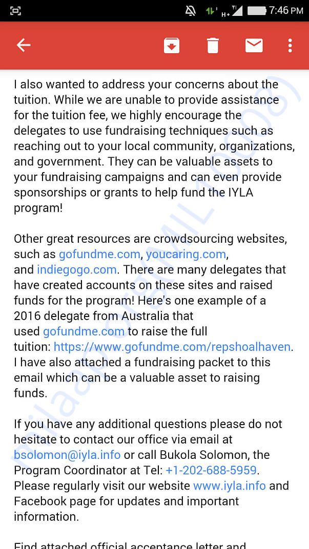 IYLA 2017 invitation as a delegate from India Email screenshot - 2
