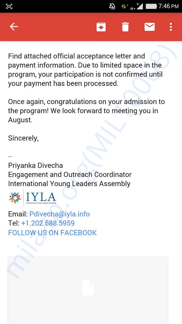 IYLA 2017 invitation as a delegate from India Email screenshot - 3