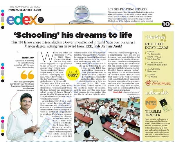 'The New Indian Express' article about Inventors dated Dec 12, 2016