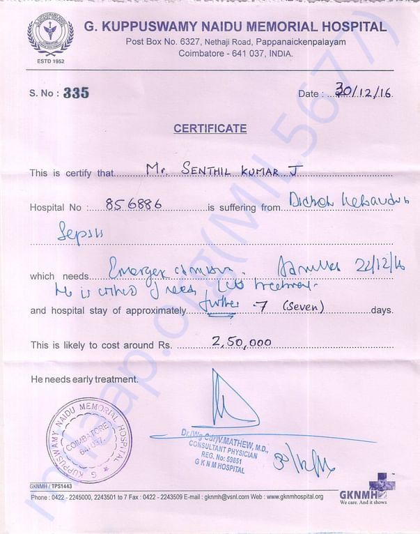Request for Fund to save Senthil Life