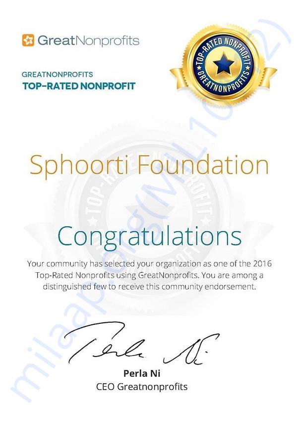 Sphoorti gets recognition from GreatNonprofits.org
