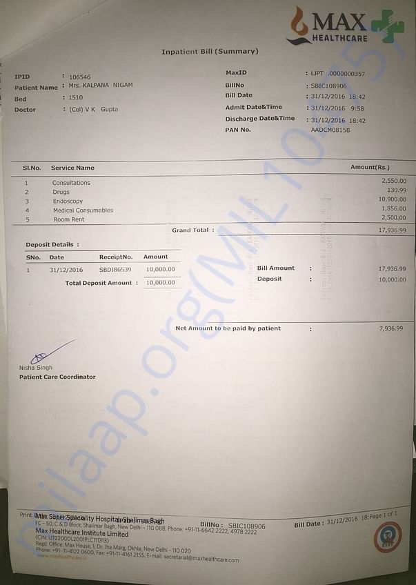 Hospital Bill at Max - 31/12/2016