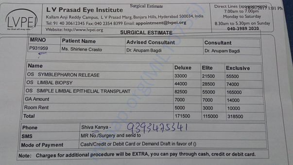 Surgical estimate given by the hospital