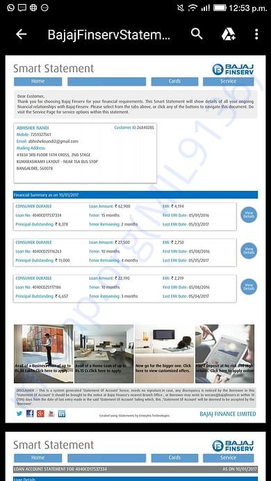 Emi summary for the appliances purchased for baba