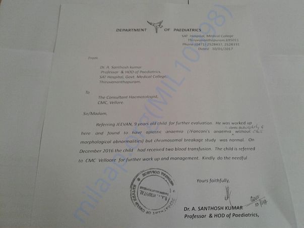 Doctor's letter stating the disease and referring him to Vellore