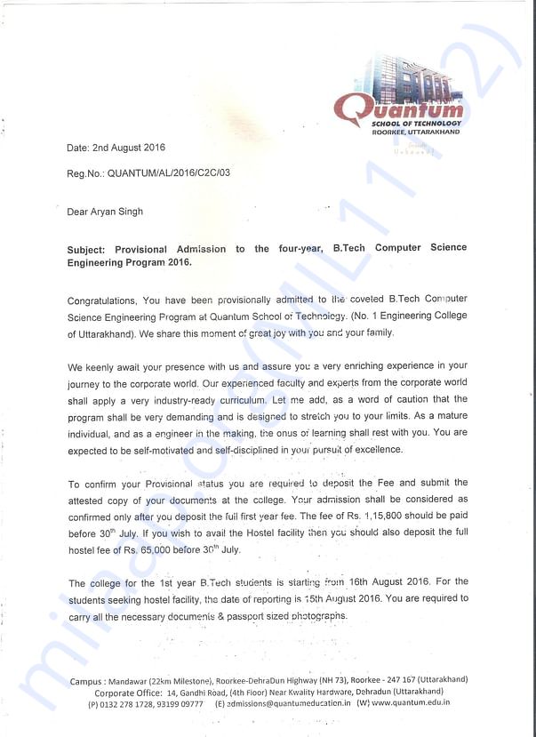 This is the admission letter provided by the college.