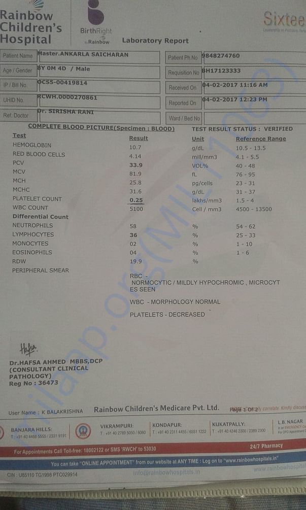 Latest laboratory report on 4-2-2017