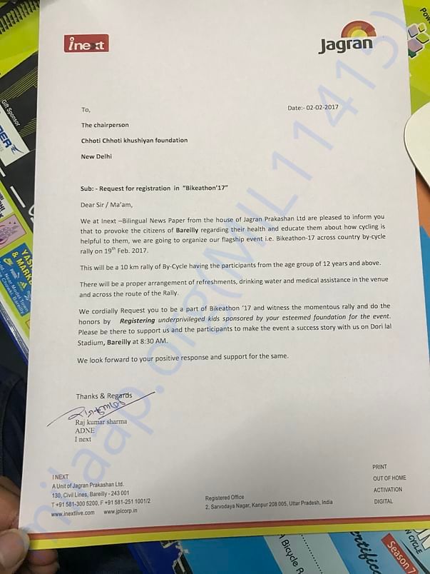 Letter to organisation from Dainik JAGRAN for sponsorship