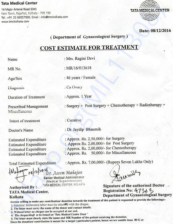 Cost Estimate for cancer treatment from Tata Medical Center- Kolkata