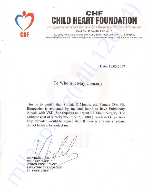 Letter via Pediatric Cardiologist