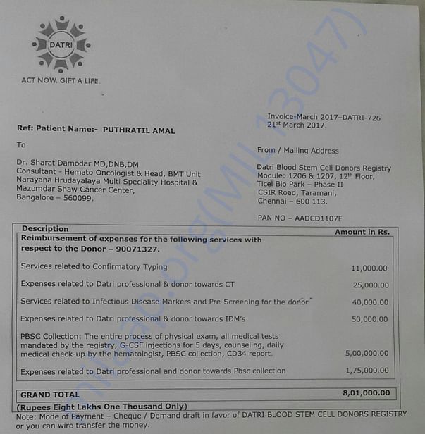 Bone marrow transplant invoice