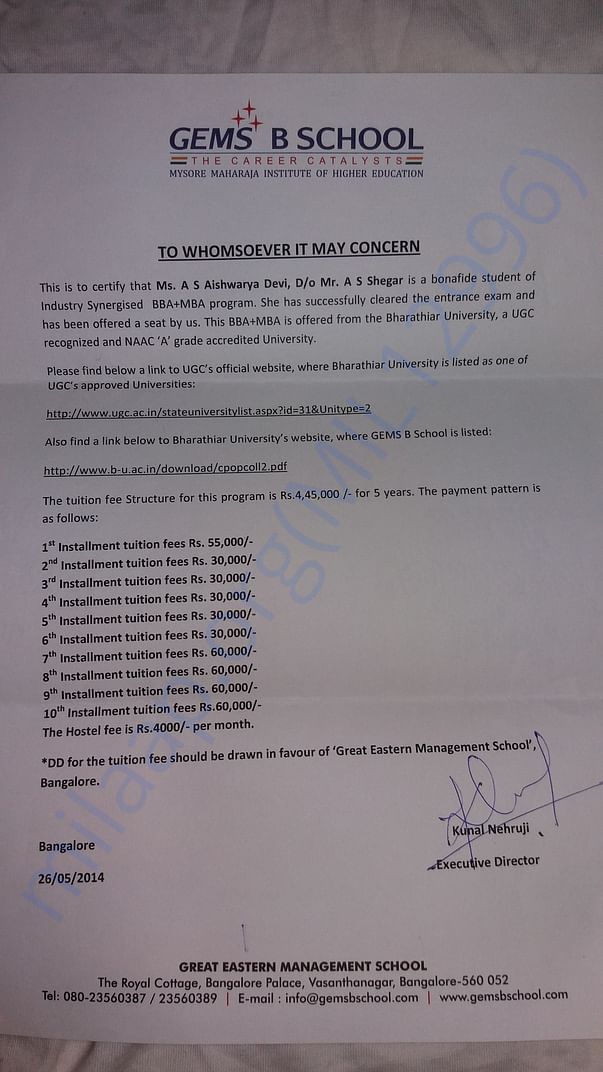 College admission letter/fees structure