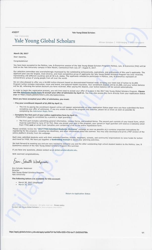 Acceptance letter