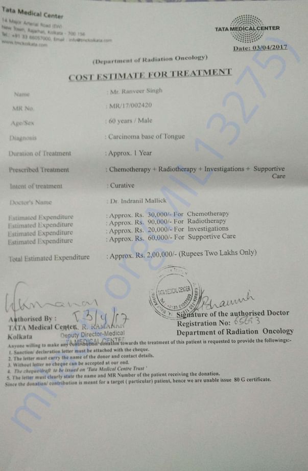 Medical Report stating cost of treatment