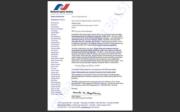 My Invitation letter from NASA