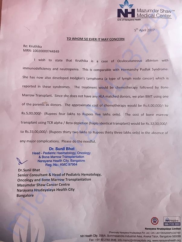 Estimation letter of baby Kruthika