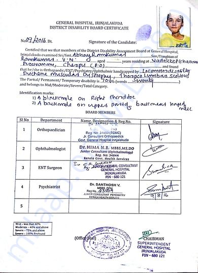 Certificate issued by Trichur District Medical Board