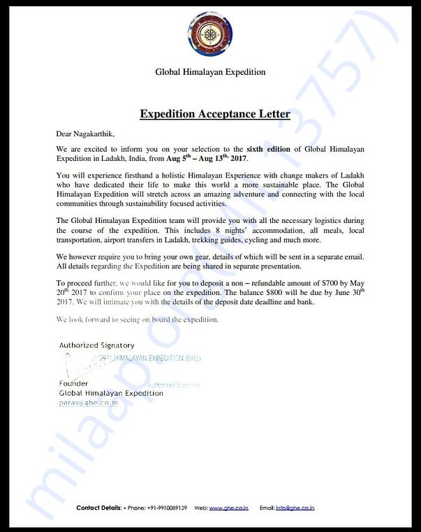 Acceptance letter from GHE