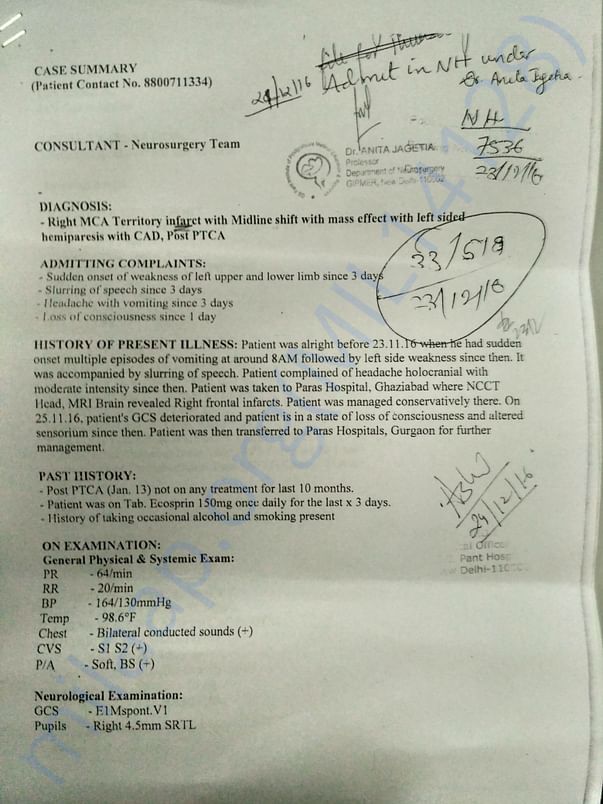 Case Summary shared by the Doctor