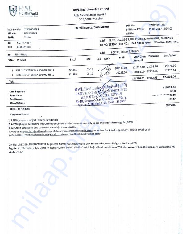 15th May chemotherapy bill