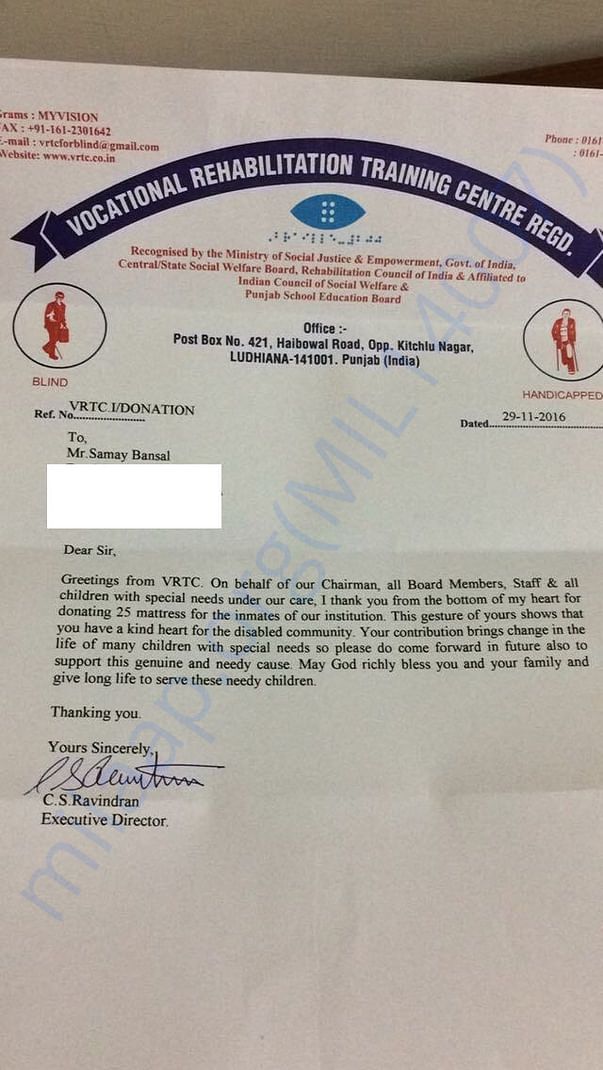 Letter from School of Visually Handicapped after receiving matresses