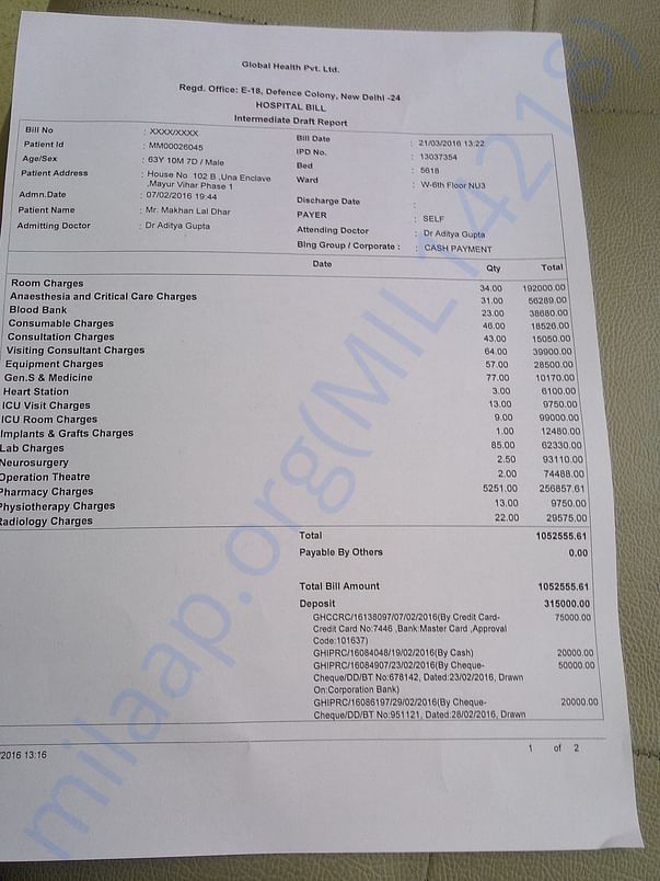 Billing during stay at Medanta hospital