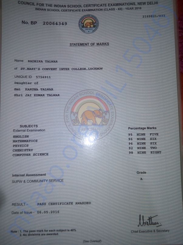 This is my class 12th marksheet