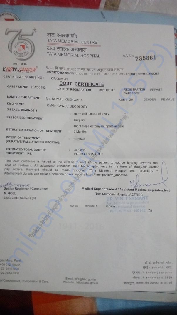 Cost certificate provided by doctor