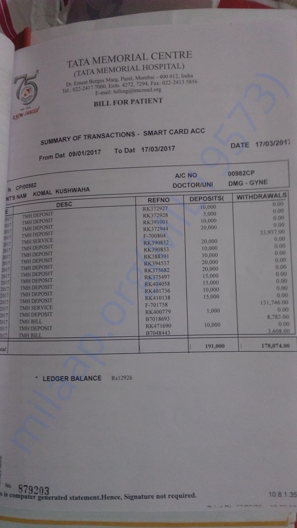 Bill provided by the hospital