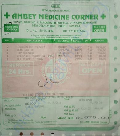 Receipt for surgical items bought for surgery