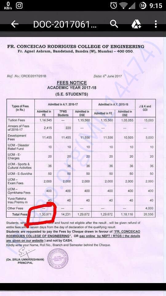 Sultan has received the college fee structure for 2017-18 as attached.