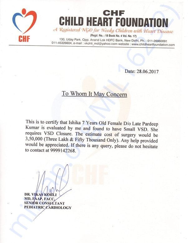 Estimated Letter from treating pediatric cardiologist