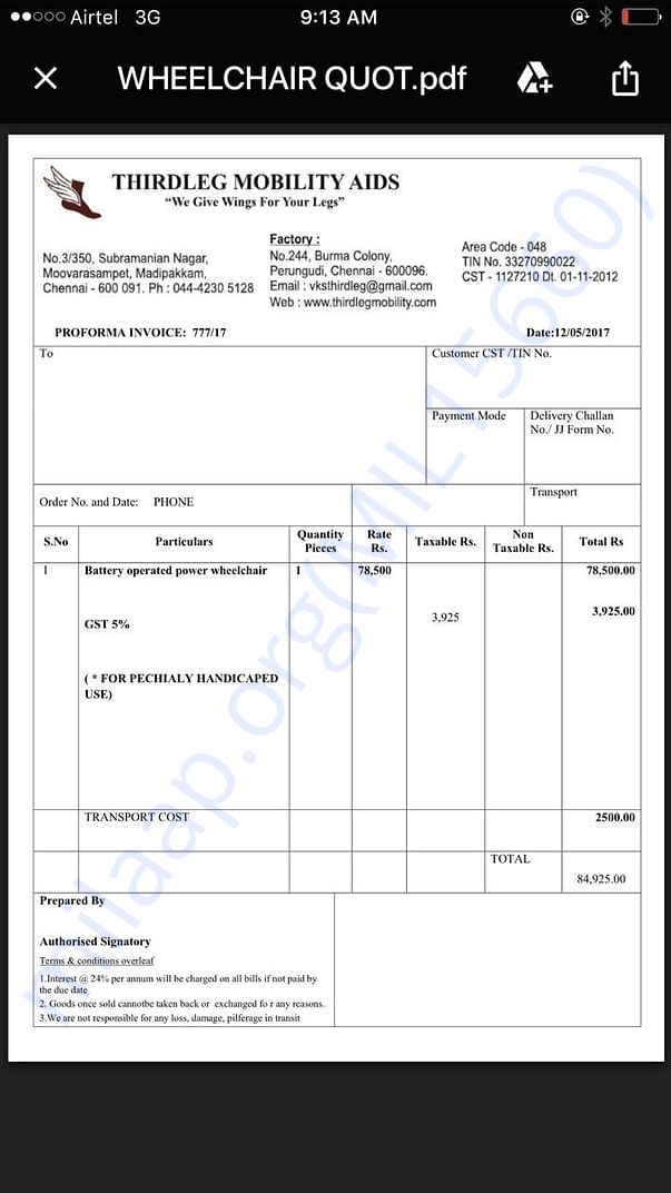 Estimate for standard wheelchair negotiated