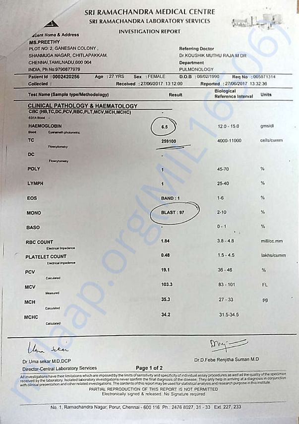 Investigation report - Pathology & Haematology