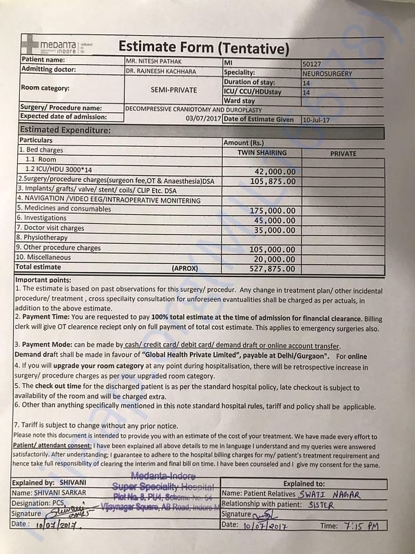 Estimation letter from Medanta Hospital
