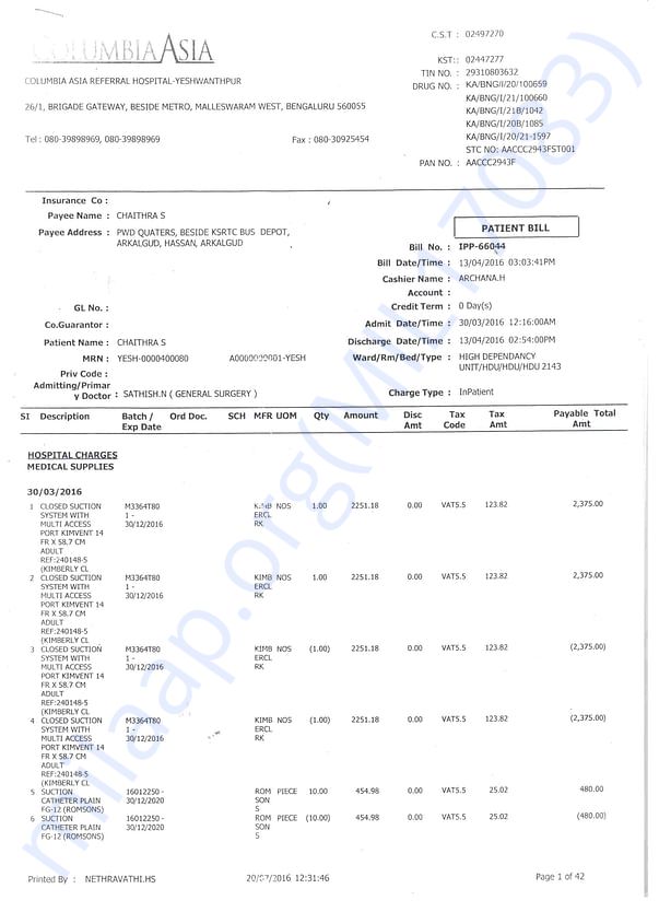 columbia asia hospital bill 1 of 47 page