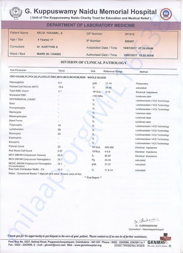 YUVASRI DIVISION OF PATHOLOGY REPORT