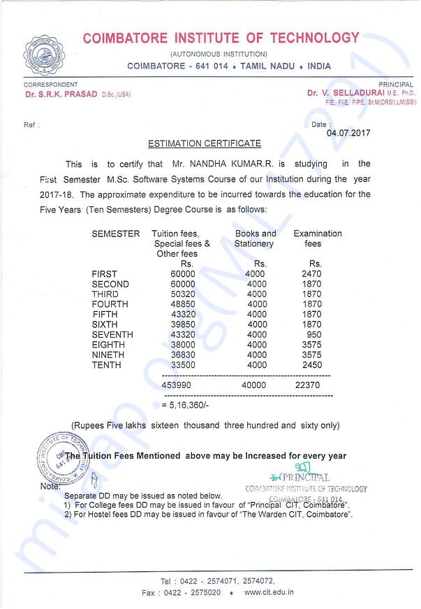 Fees estimation certificate