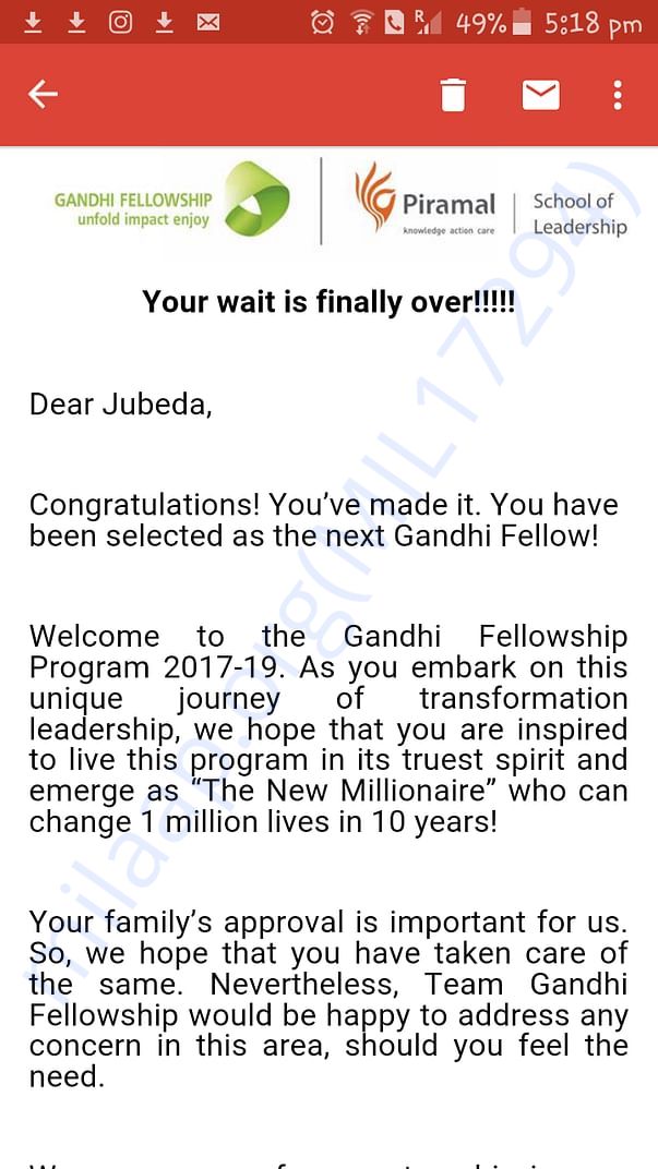 Gandhi fellowship acceptance email