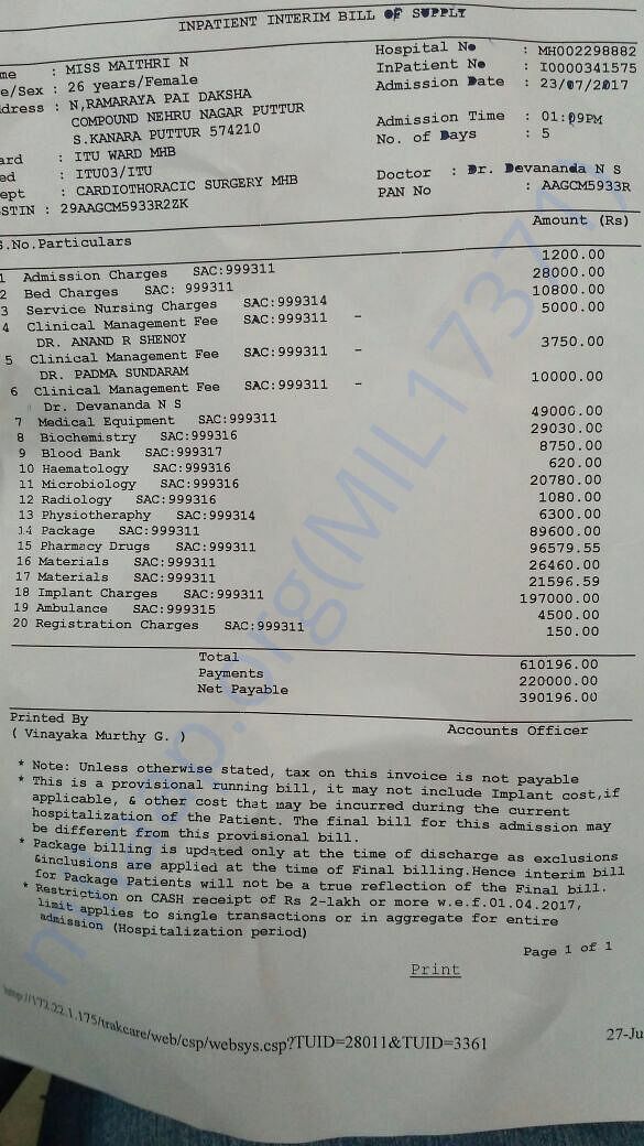 Total Bill amount on the 4th day of treatment