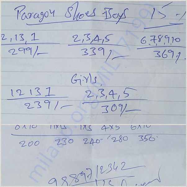 Estimates of shoes (local vendars could not provide printed copies )