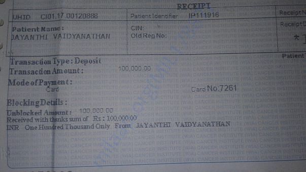 Receipt - Initial amount of 1lakh paid toward surgery