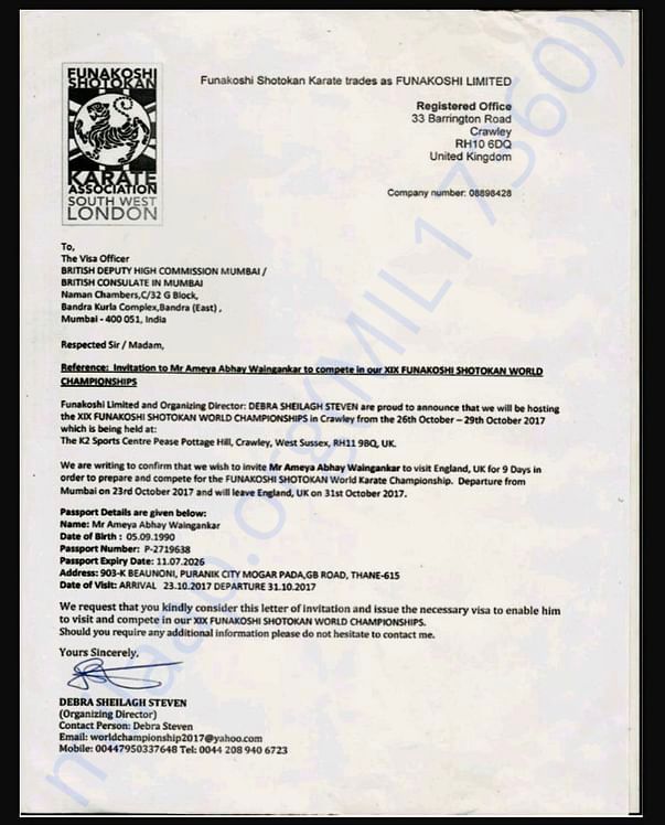 Invitation letter of World Karate Championship - London