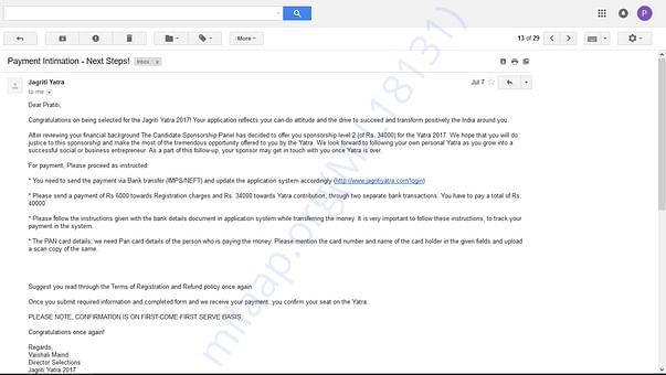 Selection and fee details mail from Jagriti Team